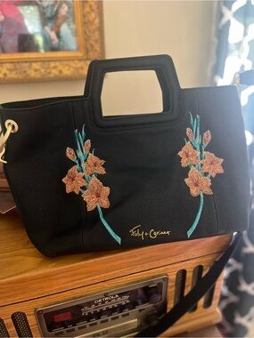 Foley + Corinna Black satchel with Peach Floral Embroidery